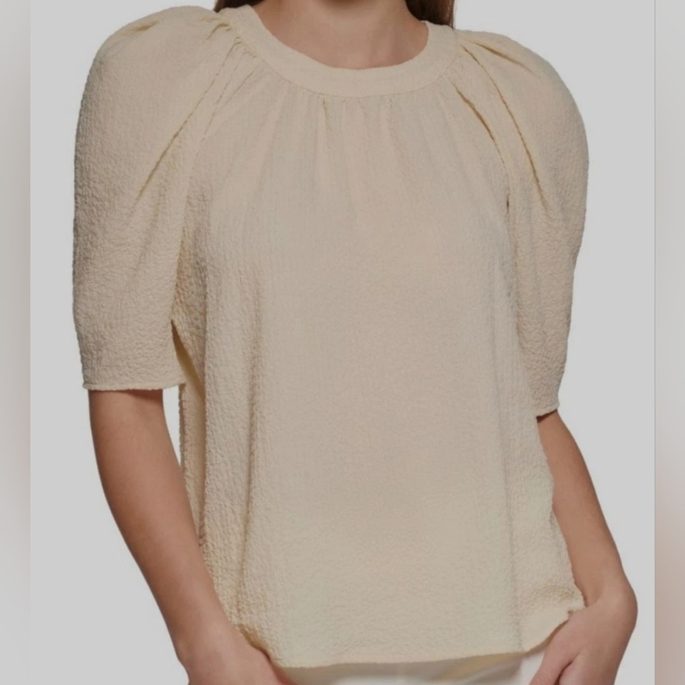 Calvin Klein Puckered Knit Puff Sleeve Blouse in Cream XL